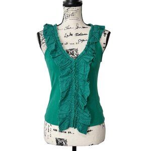 Pilcro Womens Sleeveless Ruffle V-Neck Tank Top Ribbed Kelly Green Size S NEW